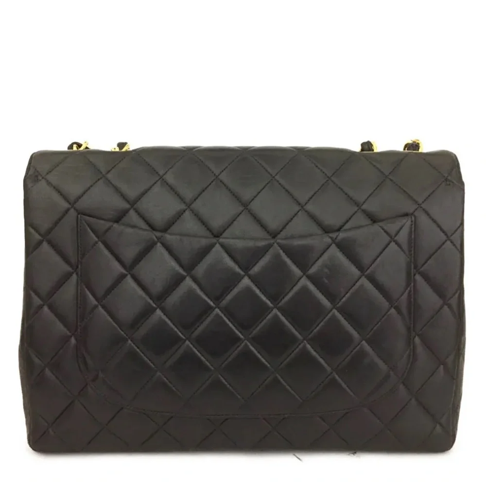 CHANEL Classic Black Leather Jumbo 30 / 24k Gold Chain Flap Bag +Card/Duster + - Picture 11 of 12